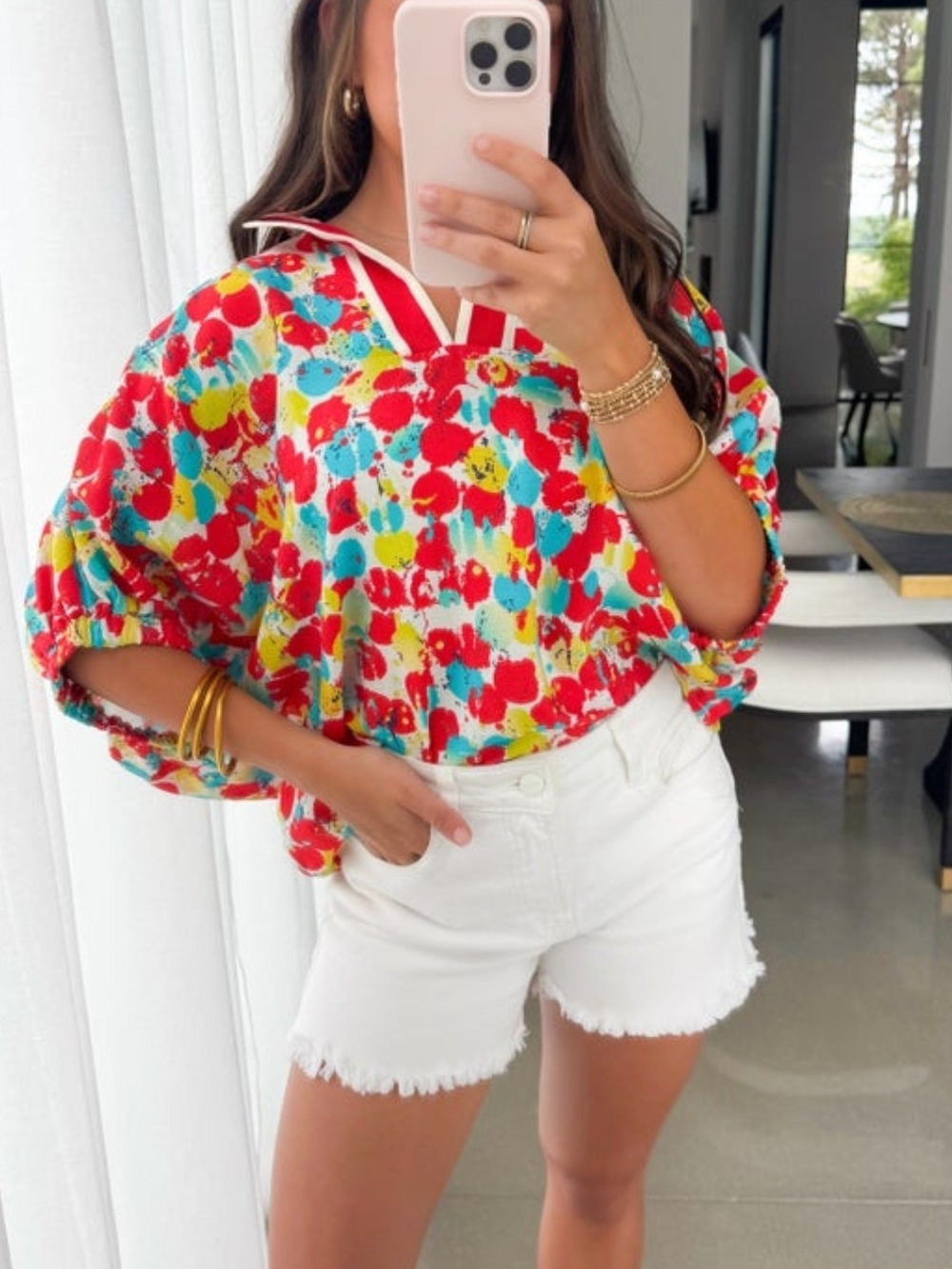 entro Red Multi Floral V-Neck Roll-Sleeve Tunic - Picture 5 of 5